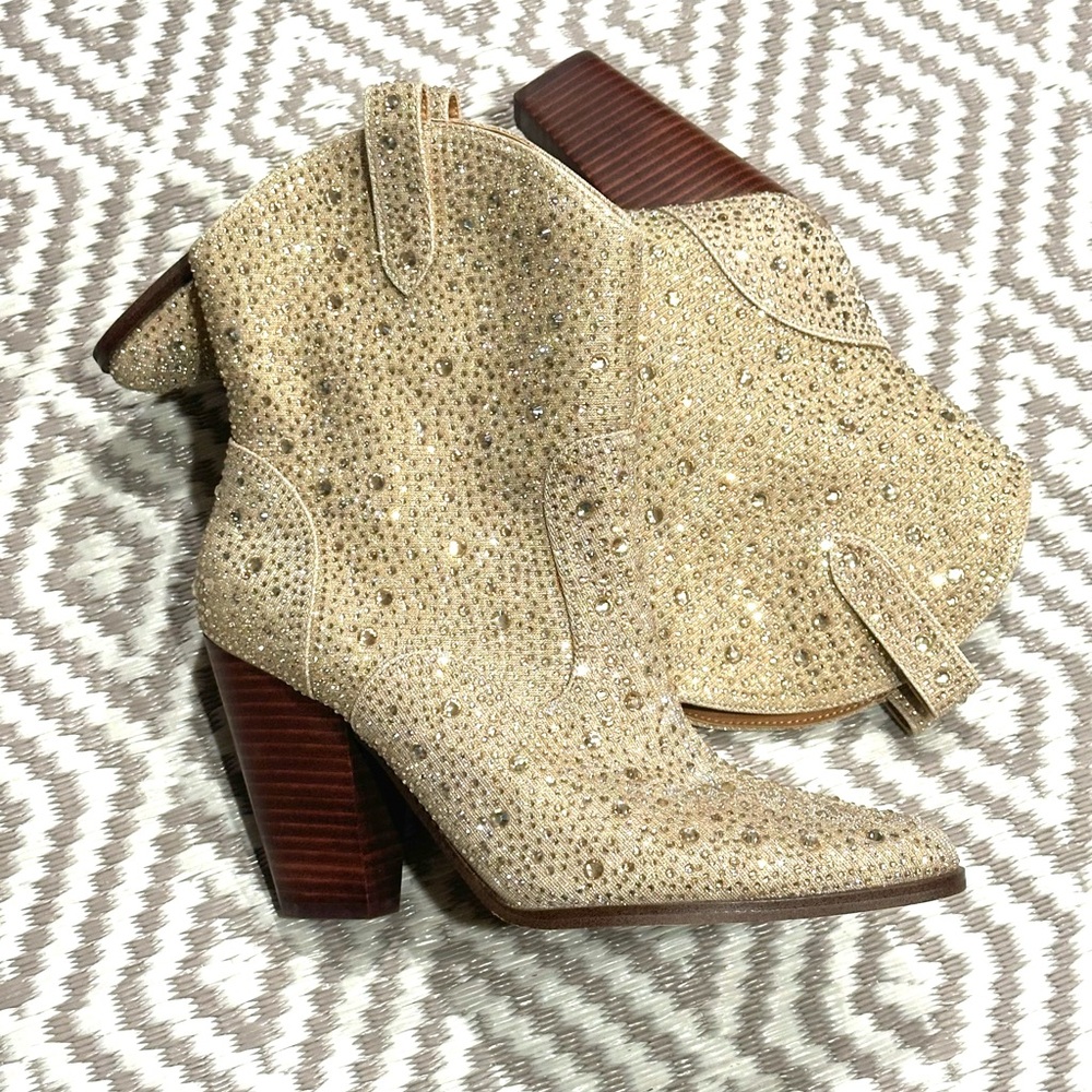 Jessica Simpson Gold Crystal-Embellished Heeled Cowboy Boots